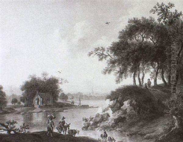Romantische Rheinlandschaft Mit Personen- Und Tierstaffage - view 1