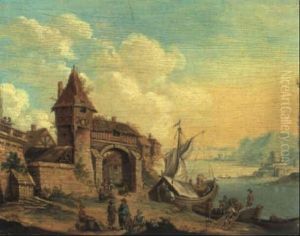 Stadt An Einem Fluss Mit Figuren Und Booten (sommer)