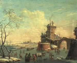 Eisvergnuegen Auf Einem Zugefrorenen Fluss Vor Einer Stadt