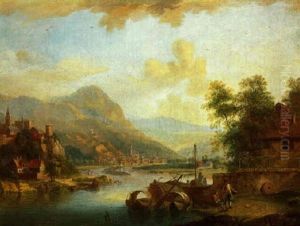 Flusslandschaft Mit Blick Auf Ein Dorf