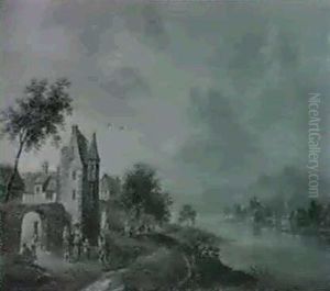 Rheinlandschaft Mit Figuren Vor Den Mauern Einer Stadt by Christian Georg Schuetz the Younger