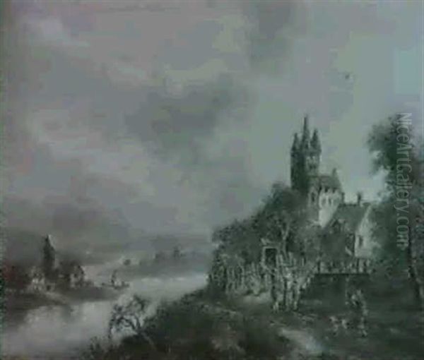 Rheinlandschaft Mit Reisenden Vor Den Hausern Eines Dorfes  [gegenstuck Zu Lot #189) - view 1