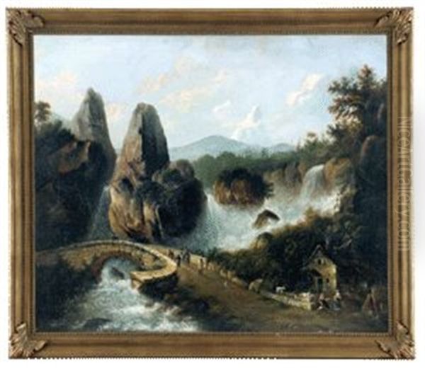 Felslandschaft Mit Wasserfall, Brucke Und Reisenden - view 1