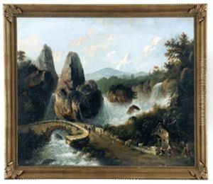 Felslandschaft Mit Wasserfall, Brucke Und Reisenden