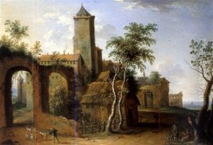 Landschaft Mit Burg Und Figurenstaffage by Franz Schuetz