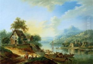 Rheinlandschaft Mit Booten Und Reisenden by Franz Schuetz