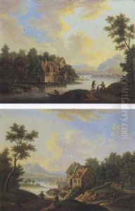 Flusslandschaft Mit Fussgangern Und Fischern