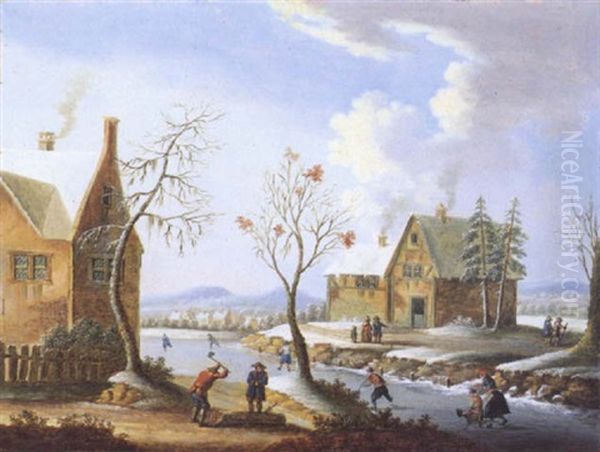 Winterlandschaft Mit Holzhacker Vor Einem Zugefrorenen Flus - view 1