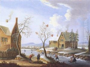 Winterlandschaft Mit Holzhacker Vor Einem Zugefrorenen Flus