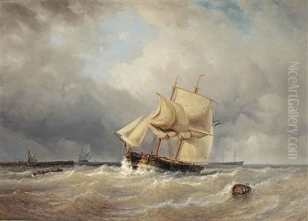 A Dutch Two-master On Choppy Waves Near A Jetty - view 1