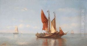 Marine Anime De Bateaux De Pecheurs, Des Trois-mats A L'arriere-plan by Johannes Frederick Schuetz