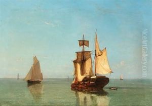 Calm Summer Day With Sailing Ships At Sea