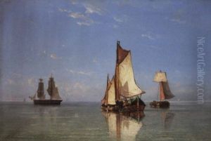 Dutch Small Craft And A Brig Drying Their Sails In A Calm by Johannes Frederick Schuetz