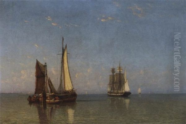 A Coastal Trader And A Fishing Barge In Calm Waters At Dawn - view 1