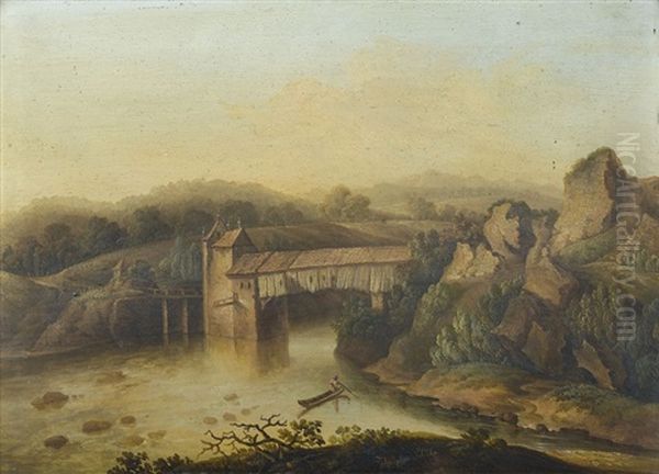 Felsiges Flussufer Mit Gedeckter Holzbrucke - view 1