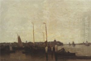 Sailing Vessels On The Water With Dordrecht Beyond by Willem Joannes Schuetz