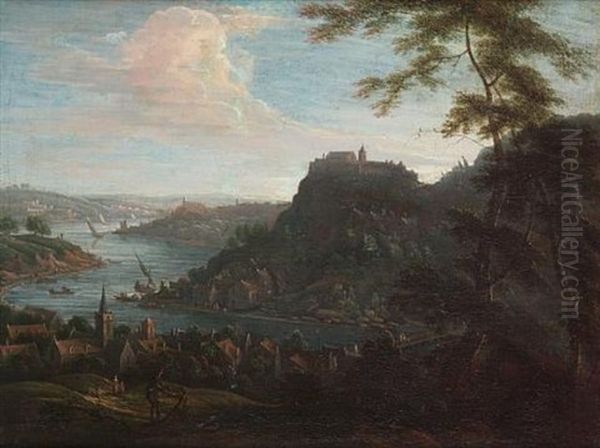 An Extensive Rhenish River Landscape With A Hilltop Village In The Distance - view 1