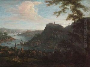 An Extensive Rhenish River Landscape With A Hilltop Village In The Distance