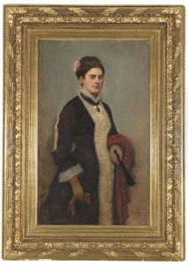Portrat Einer Eleganten Dame Mit Rotem Tuch Und Facher