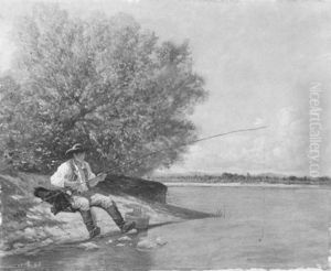 Flusslandschaft Mit Einem Angler by Louis Frederic Schuetzenberger