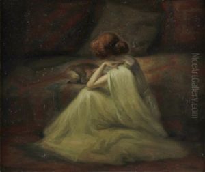 Eine Elegante Dame Streichelt Ihre Katze, Die Neben Ihr Auf Einem Bett Liegt Eine Elegante Dame Streichelt Ihre Katze, Die Neben Ihr Auf Einem Bett Liegt