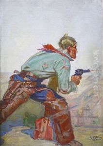 Cowboy, Weighed Down By Satchel, Returning Fire (magazine Cover Illus.) by Remington Schuyler