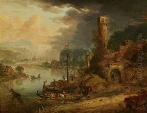 Rhine Landscape With Cargo Ships And A Watchtower