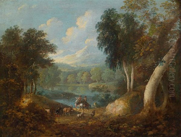 Gebirgige Flusslandschaft Mit Einer Jagdgesellschaft - view 1