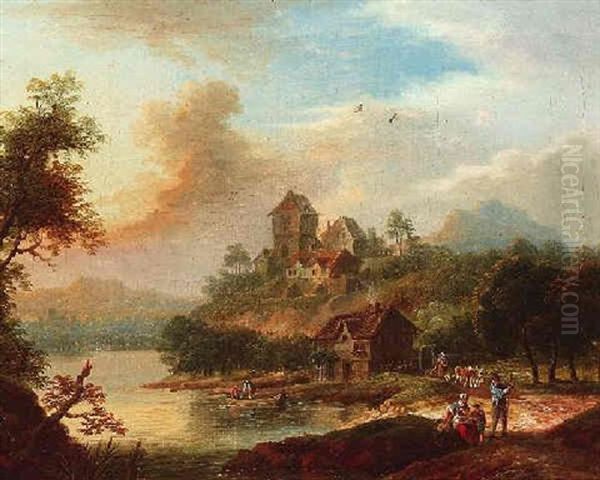 Fluslandschaft Mit Fischern Im Boot Und Bauern Am Ufer - view 1