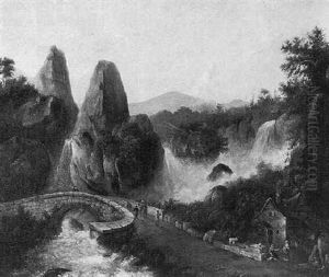 Travellers Crossing A Bridge By A Waterfall by Franz Schuez