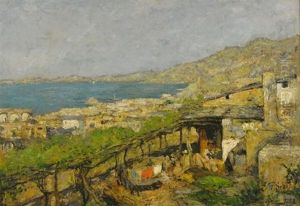 Blick Auf Suditalienische Bucht. Im Vordergrund Ein Kleines Bauernhaus Mit Weinreben