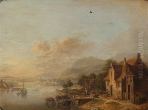 A Fishing Village On A Riverbank by Johann Georg Schuez