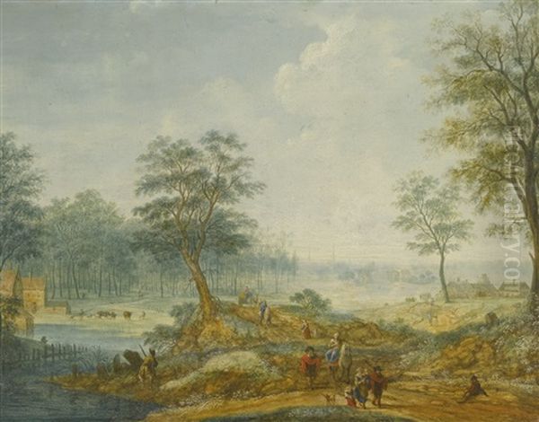 An Extensive Landscape With A River And Travellers On A Sandy Path - view 1