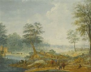 An Extensive Landscape With A River And Travellers On A Sandy Path by Johann Georg Schuez