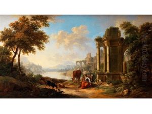 Sudliche Ideallandschaft Mit Antiken Ruinen Und Einer Viehhirtin by Johann Georg Schuez