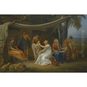 An Arcadian River Landscape With A Family And Their Sheep by Johann Georg Schuez
