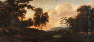 Abendliche Landschaft Mit Brucke Und Figurenstaffage by Johann Georg Schuez