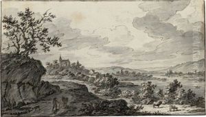 Fluslandschaft Mit Kirche Auf Einer Anhohe by Johann Georg Schuez