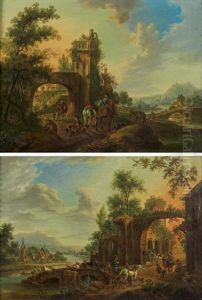 Cavaliers Et Paysans A La Porte D'une Ville (+ Au Bord D'une Riviere; Pair) by Johann Georg Schuez