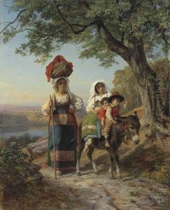 Travellers In The Roman Campagna, Lake Nemi Beyond by Theodor Christoph Schuez