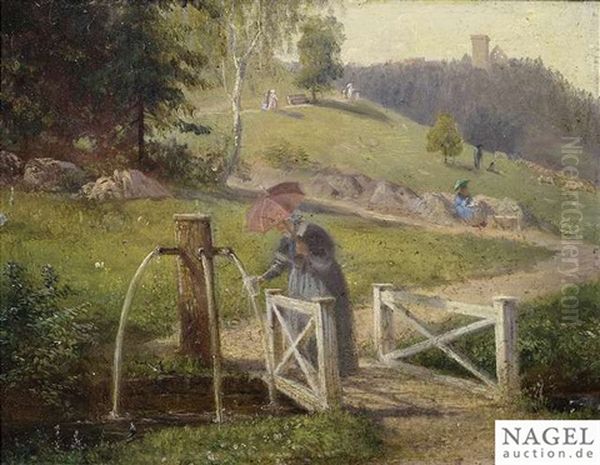 Old Lady With A Parasol Umbrella On A Wooden Bridge - view 1