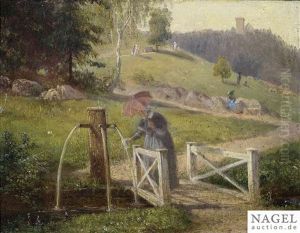 Old Lady With A Parasol Umbrella On A Wooden Bridge