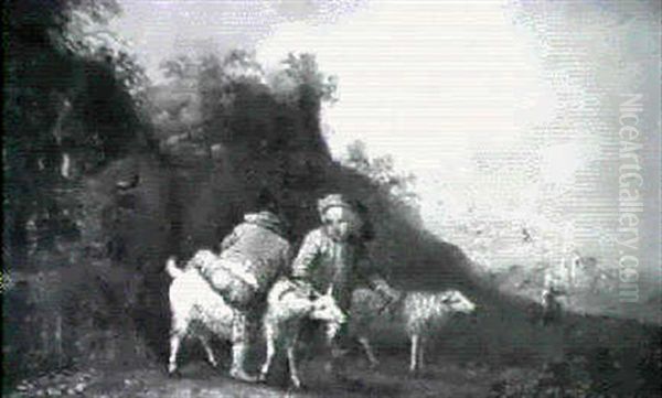 Young Peasant Boys With Goats, A Bull And Sheep On A Track A Young Peasant Girl Asleep On A Track - view 1