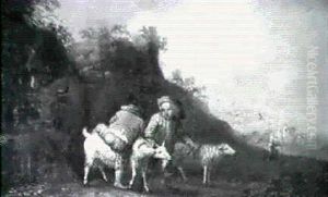 Young Peasant Boys With Goats, A Bull And Sheep On A Track A Young Peasant Girl Asleep On A Track by Johann Michael Schwabeda