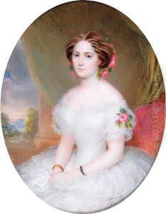 A Portrait Of A Young Lady In A White Dress And Roses In Her Hair