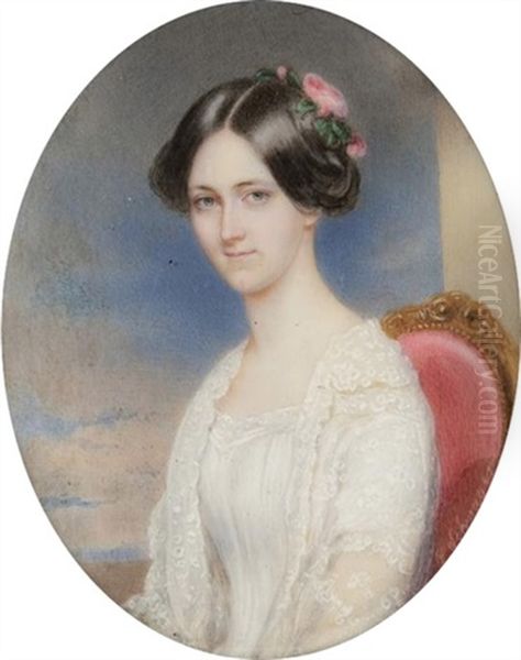 Portrait De Caroline De Wasa, Princesse De Suede, Reine De Saxe En Robe Blanche Et Etole En Dentelle, Les Cheveux En Chignon Orne De Roses, Assise De Trois-quart Sur Un Fauteuil - view 1