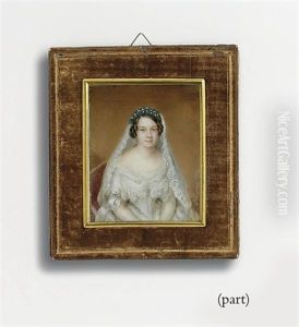 Freifrau Von Schwarz-semborn, Nee Dambock, As A Bride, In White Off-the-shoulder Dress With Lace Collar, White Lace Veil With Foliage Headress, Drop Gem-set Earring (set Of 2 Works)