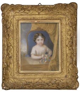 A Young Child, In White Dress, Curled Dark Hair, Holding A Bunch Of Pink, White And Blue Flowers, Seated On A Blue Chair At A Table; Curtain And Sky Background by Richard Schwager