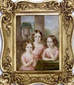 Three Sisters Gathered Around A Table Draped With Green Cloth; Each In Pink Dresses, Their Centre-parted Brown Hair Dressed In Ringlets; Urn With Foliage, Pillar And Sky Background Beyond