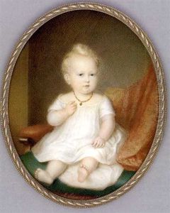 A Child Seated On A Green Cushion In A Red Upholstered Chair Draped With Red Stole, In White Dress, Coral And Gold Necklace, Short Curling Fair Hair, Pillar Background by Richard Schwager
